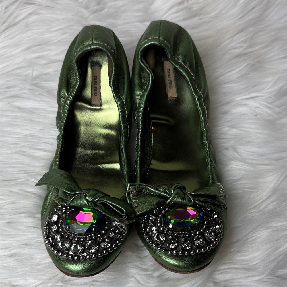 Miu Miu Metallic Green Embellished Flats